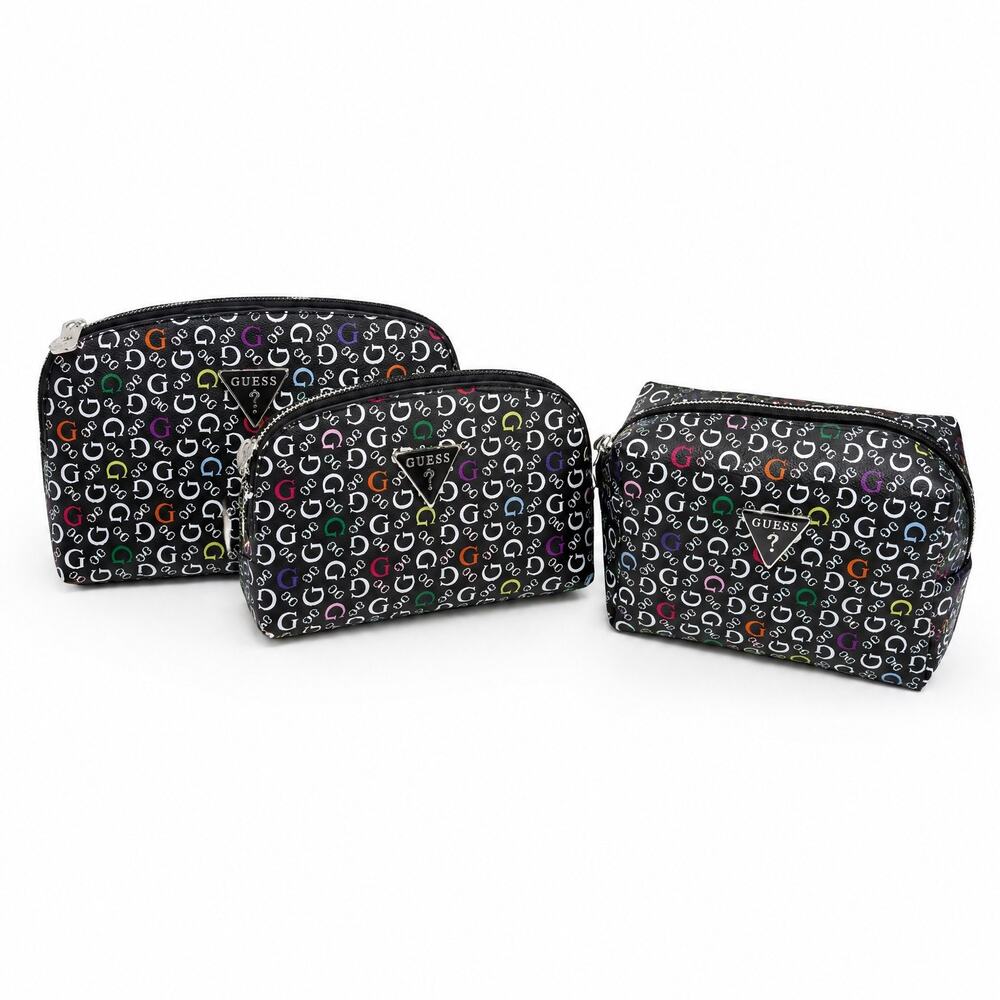 GUESS 3-Piece Cosmetic Bag Set Multi-Color Logo Print Travel Pouch